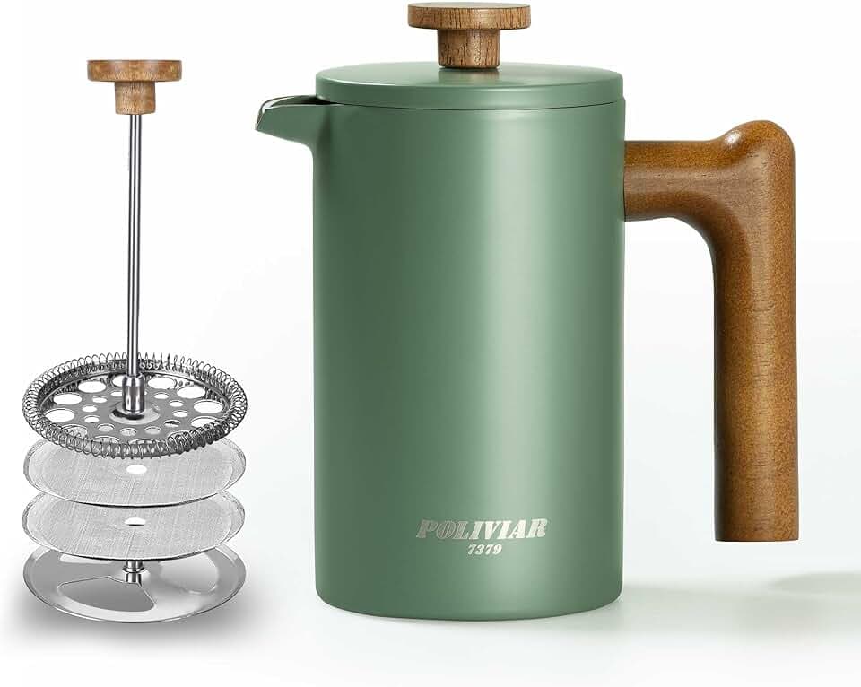 Poliviar French Press Kaffeebereiter, 600ml/21oz | Doppelwandige Isolierte Kaffeekanne, Handfilter Kaffeepresse, Plunger & Griff aus Holz, JX2024-SFPN-DE