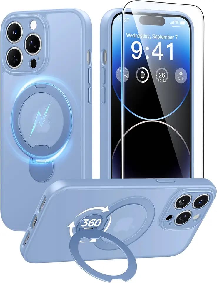 FNTCASE for iPhone 14 Pro Max Case with 360 Spin Magnetic Stand Light Blue
