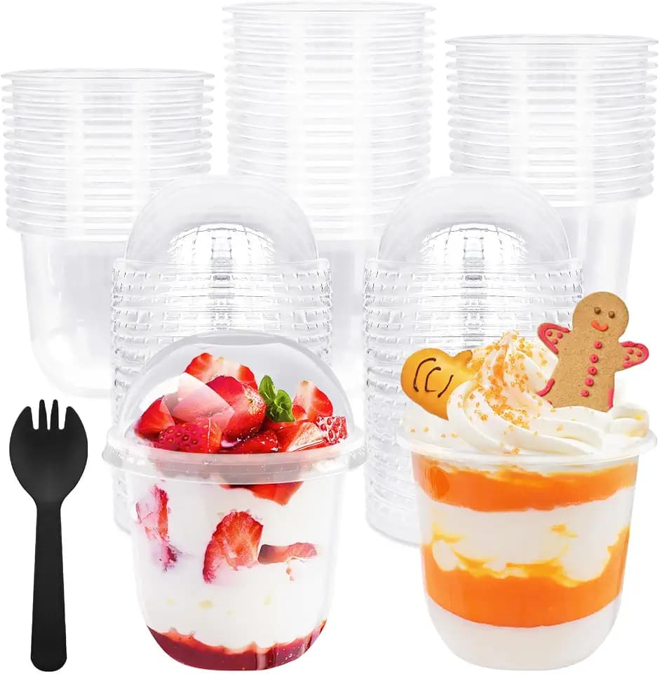 100 Pack 12 oz Clear Plastic Cups with Dome Lids,Parfait Yogurt Cups with Spoons,No Hole Plastic Cup with Lids for Dessert,Yogurt,Ice Cream,Cupcake,Fruits