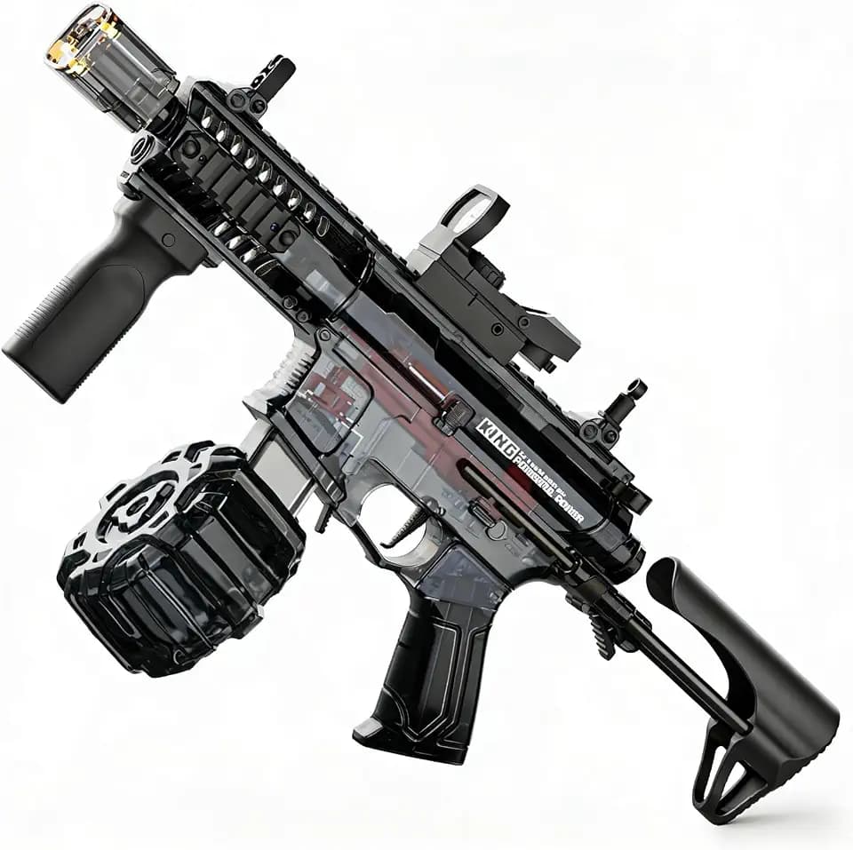 Basics Electric Water Gun, Tactical Accessory Set. Transparent Automatic Squirt Gun with Manual Mode & LED Lights, Beach & Party Toys. (Black)