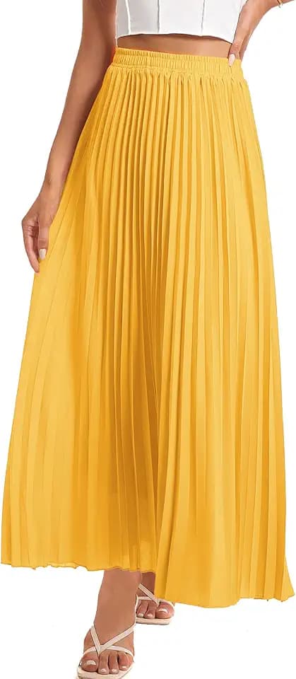 Damen-Faltenrock, hohe Taille, elastisch, Stretch, lang, knöchellang, schwingend, A-Linie, Strand, Maxirock