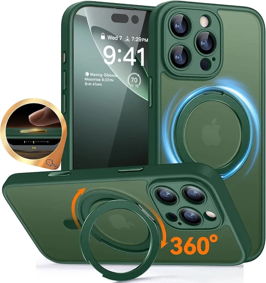 CANSHN 360° Spin Magnetic Stand for iPhone 16 Pro Max Case, Deep Green