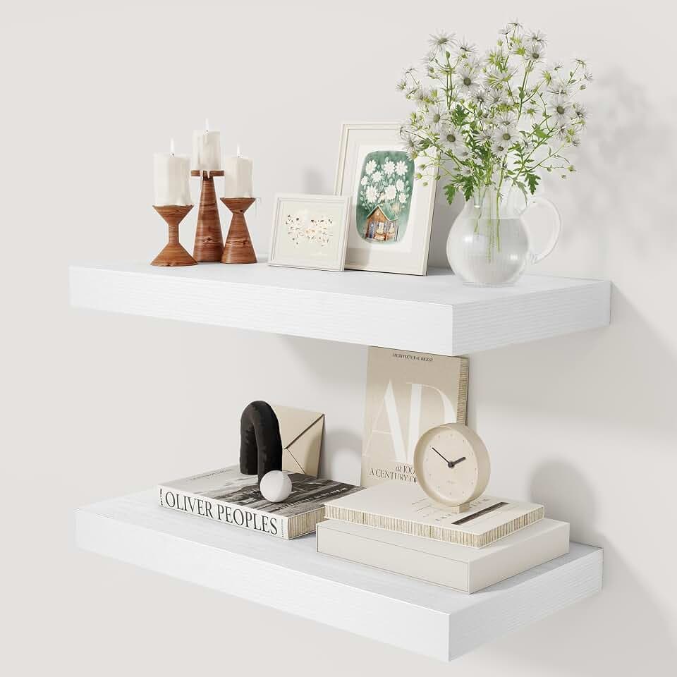 12 Inch Deep White Floating Shelves, 24 x 12 Floating Shelf for Books, Rustic Wood Deep Wall Shelves for Home Storage & Display, 2" Thicked Shelves for Kitchen, Living Room, Bedroom, 2 Pack