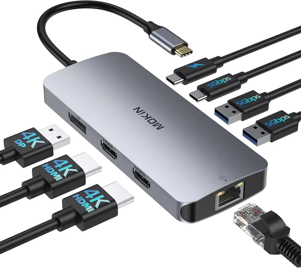 USB C Docking Station 3 Monitors, MOKiN USB C Docking Station with 2 HDMI, 4K DisplayPort, 1Gbps Ethernet, 100W PD Charging, 3 USB A/C 3.0, Multiport Adapter for Dell/HP/Lenovo/Surface