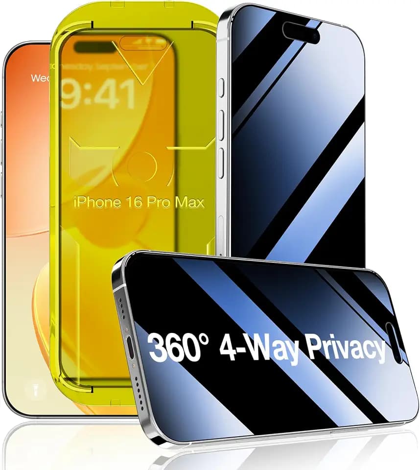 Fotbor [3 Pack] Privacy Screen Protector compatible with iPhone 16 Pro Max, 4-Way 360° Anti-Spy Tempered Glass with Auto-Alignment Fast Install Tray, Ion-Exchange Strengthened, 9H Hardness