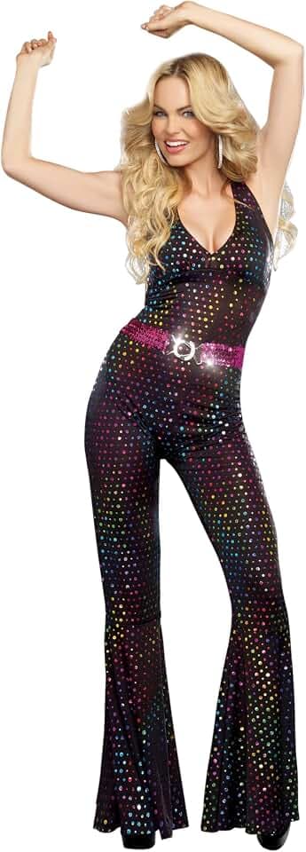 Dreamgirl Adult 70s Disco Costume for Women, Disco Jumpsuit, Disco Doll Halloween Costume