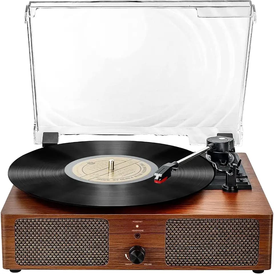 Bluetooth-Vinyl-Plattenspieler mit eingebauten Lautsprechern, unterstützt USB-Cinch-Ausgang, Aux-In-Kopfhörer, Auto-Stopp, 3-Gang-Riemenantrieb, tragbarer Phonograph für Unterhaltung und Dekoration