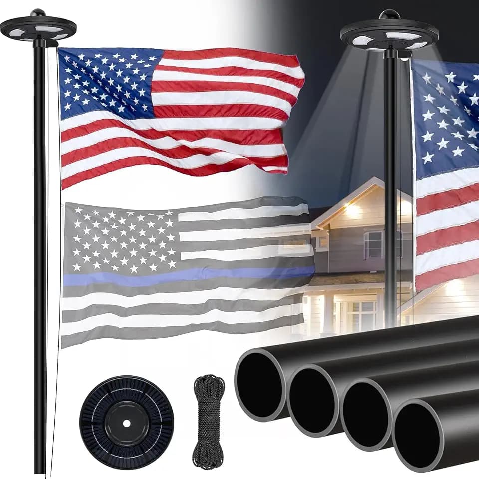 12 Gauge Extra Thick 20FT Black Flag Pole Kit with Solar Light in Ground