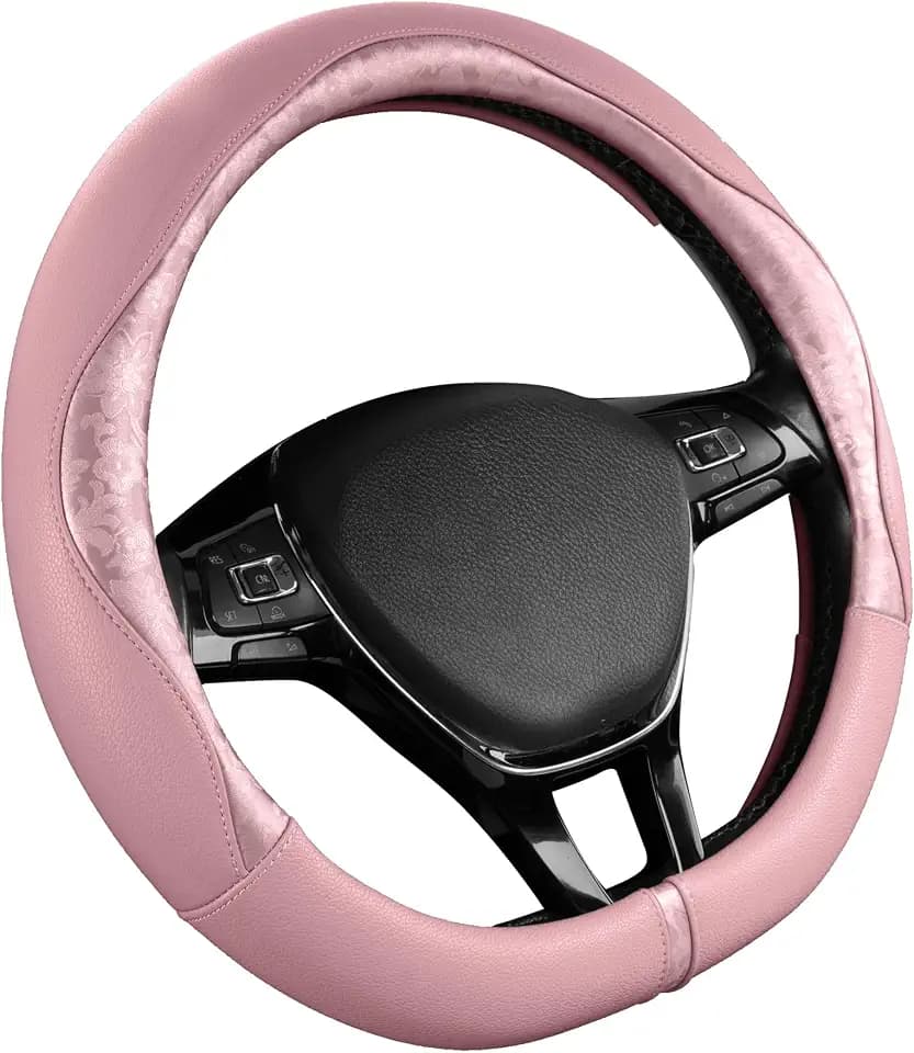 PIC AUTO Steering Wheel Cover, Pink Patterned Leather Patchwork Design, Universal Fit 14.5"–15.5" D-Shape Steering Cover, Soft PU Grain Leather, Durable Grip Car Accessory for Girls & Women