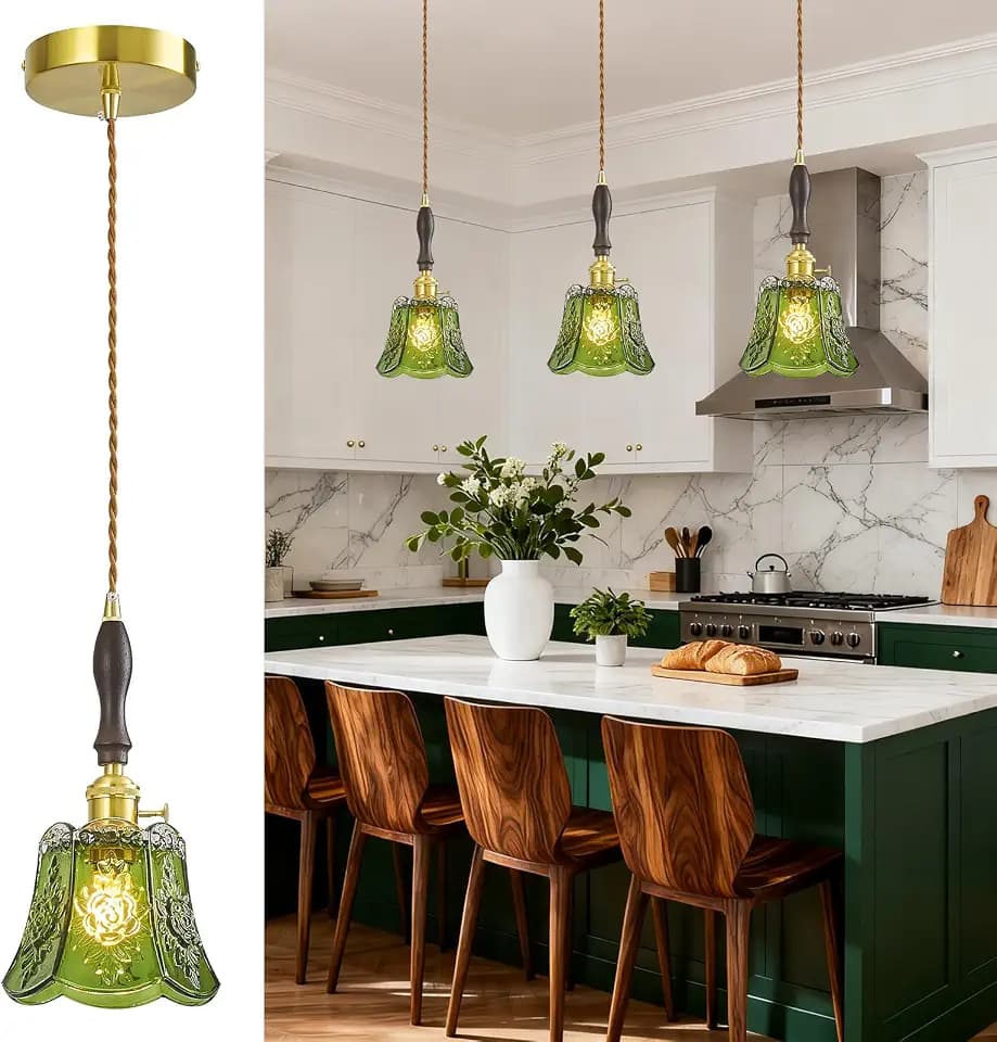 Vintage Green Flower Glass Pendant Lights 3 Pack, Brass, E26