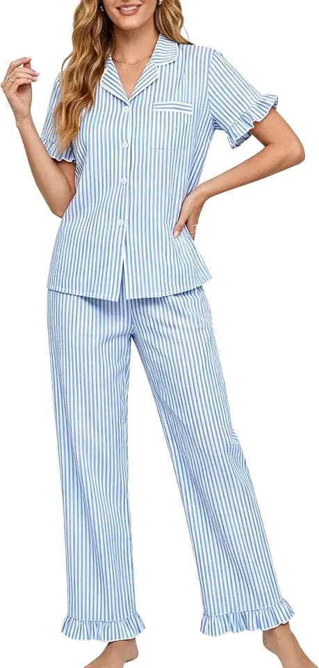 SWOMOG 100% Cotton Women Pajamas Set 2 Piece Short Sleeve Sleepwear Button Down Lounge Set Soft Ruffle Pjs with Pocket Blue&white Stripes L