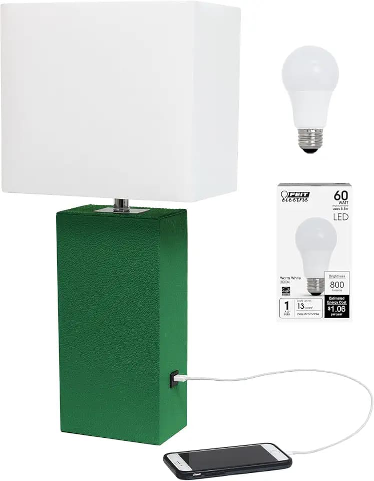 Elegant Designs LT1053-GRN-LB Modern Leather Wrapped Table Lamp with USB Port for Living Room, Hallway, Entryway, Bedroom, Office, Green, with Feit LED Bulb Included