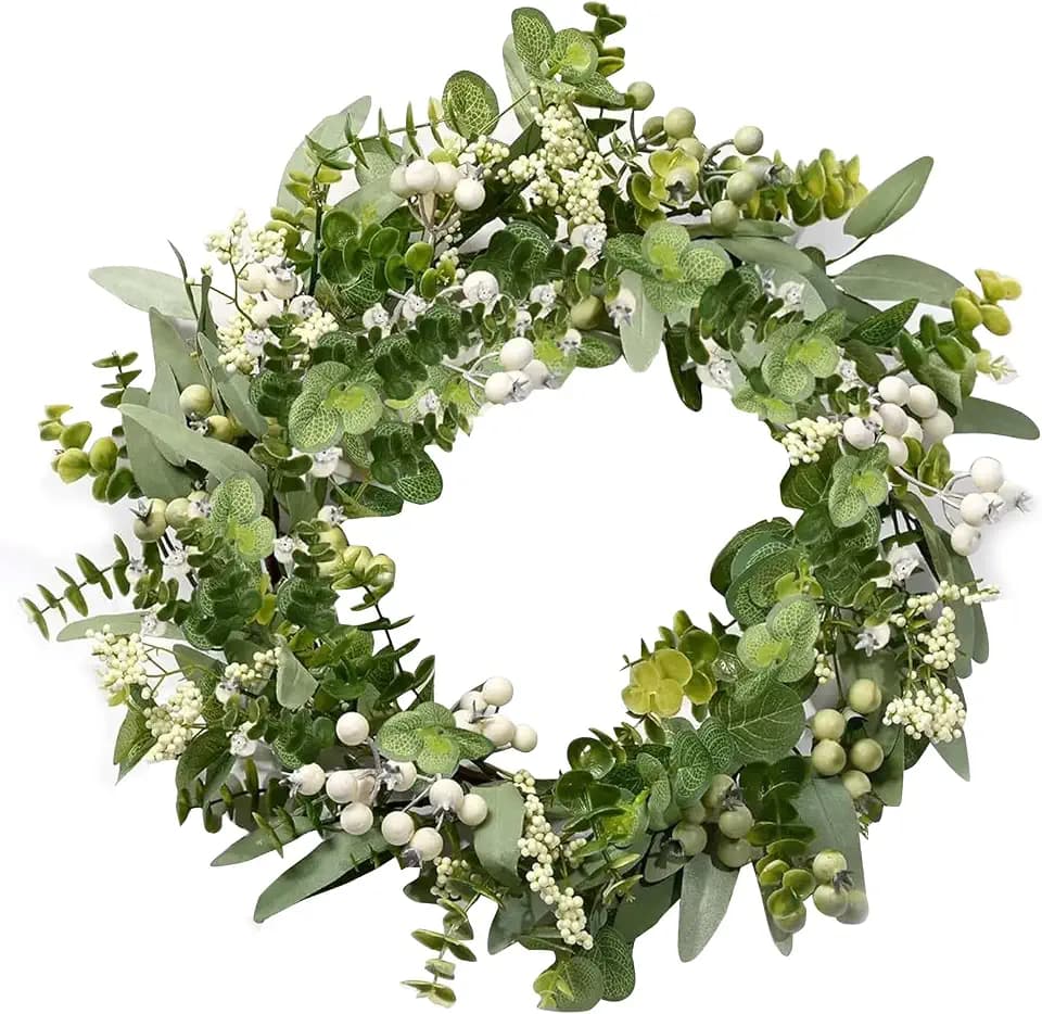 45 cm Eukalyptus Kranz, Eukalyptus-Kranz für die Haustür, Türkranz ganzjährig, Modern Wreath Grüner Türkranz außen Ganzjährig, lebensechte künstliche kleine Türkranz-Dekoration für Bauernhaus
