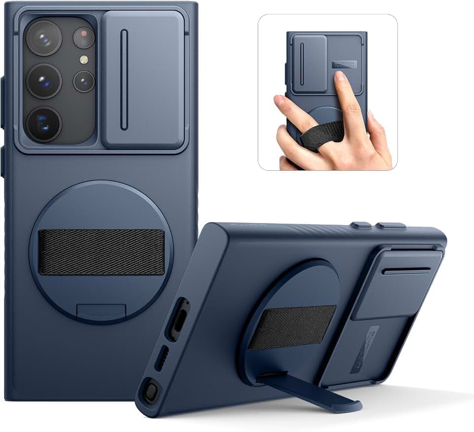 SURITCH for Samsung Galaxy S23 Ultra Case [No Magnet Ring][360° Rotatable Phone Grip][Invisible Kickstand][Slide Camera Cover] -Dark Blue