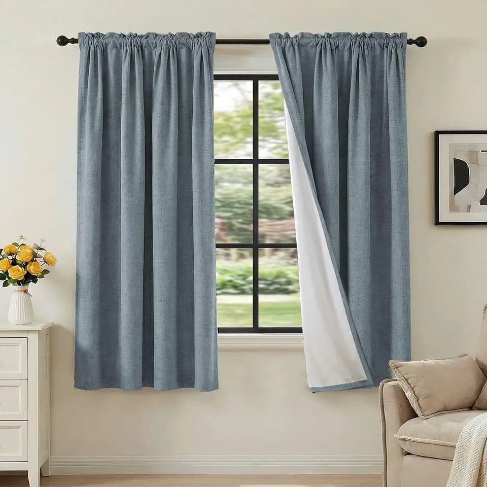 H.VERSAILTEX Linen Look 100% Blackout Curtains 63 Inches Long for Bedroom Full Light Blocking Rod Pocket Linen Textured Thick Window Curtain Drapes with White Backing, Stone Blue, 2 Panels