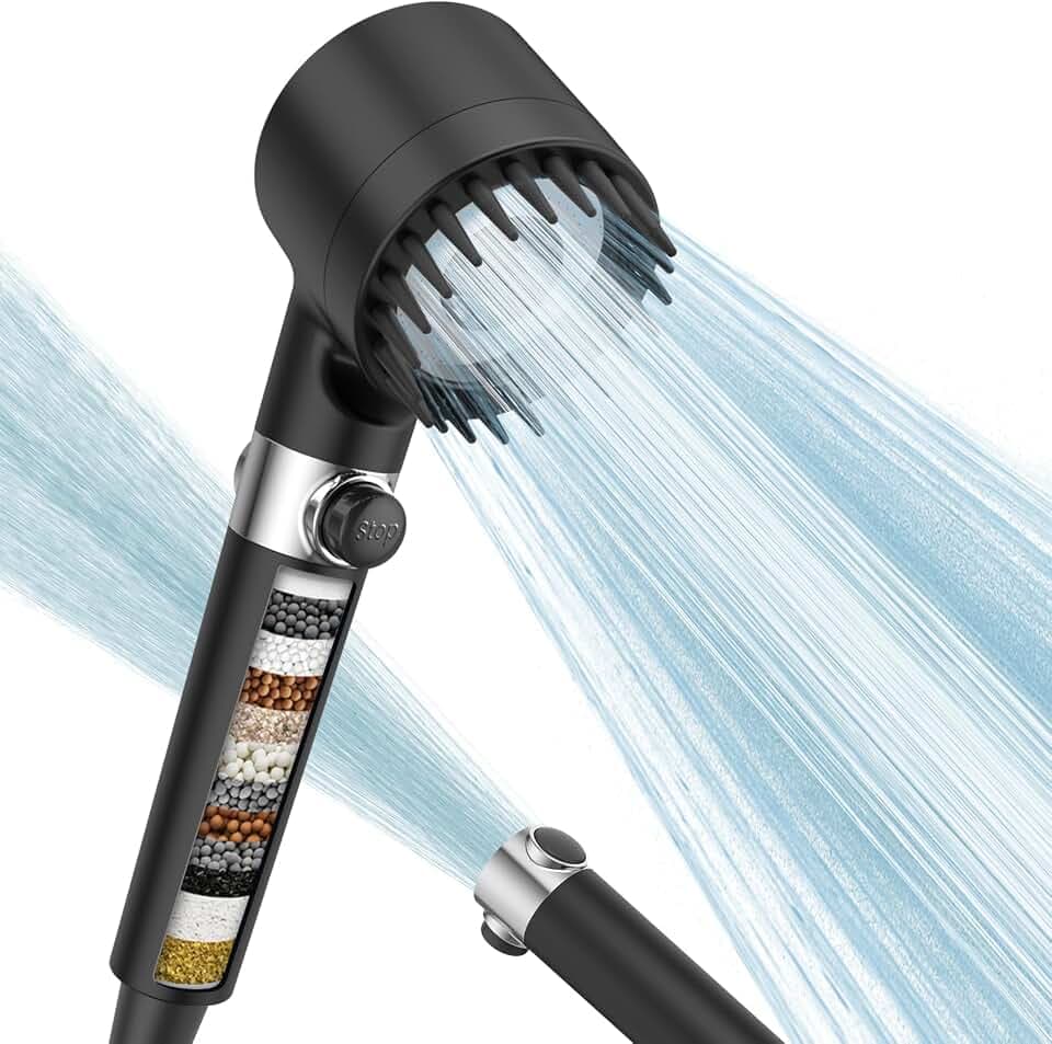 Digiroot Duschkopf mit Filter, wassersparender Duschkopf mit 1,5 m Schlauch, 4 Sprühmodi, sparsamer Handbrausekopf mit 15 Filtrationsstufen, entfernt hartes Wasser und Chlorrückstände Schwarz