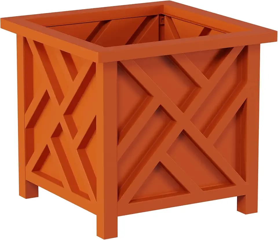 Lattice Design Outdoor Planter Box - 14.75” Square 13” Tall Terracotta Plant Pot - Decorative Plant Pots for Front Porch Decor - Flower Pots Outdoor Planters for Porch Patio or Garden by Pure Garden