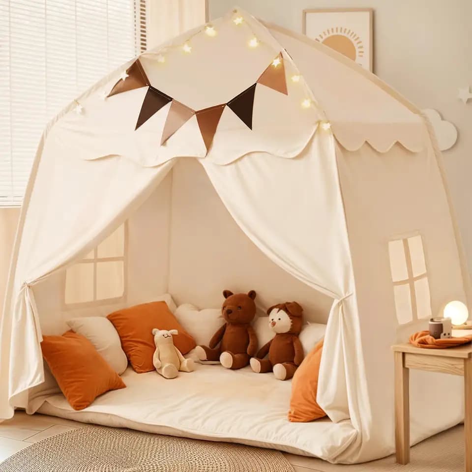 Little Dove Extra Large Kids Play Tent with Flags & Star Lights, Portable & Foldable Teepee Tents, Dome Tent Playhouse for Indoor & Outdoor Use, Kids Tent for Boys & Girls, 59x39x59 in, Cream
