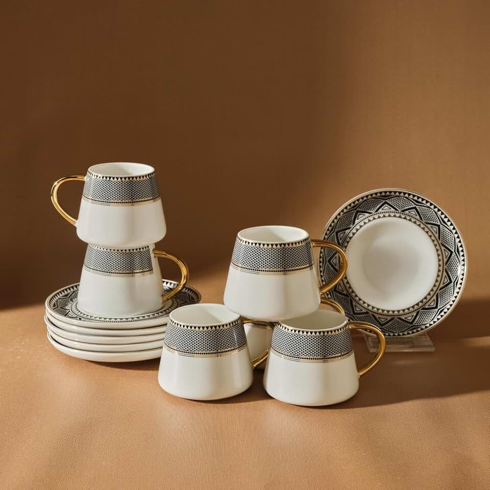 KARACA Globe Turkish Coffee Cup Set of 6, 80ml, 2.7 oz, Small Espresso Cups with Saucers, Porcelain, Black Patterns, and Gold Handles, Ideal for Serving Greek, Arabic Coffee