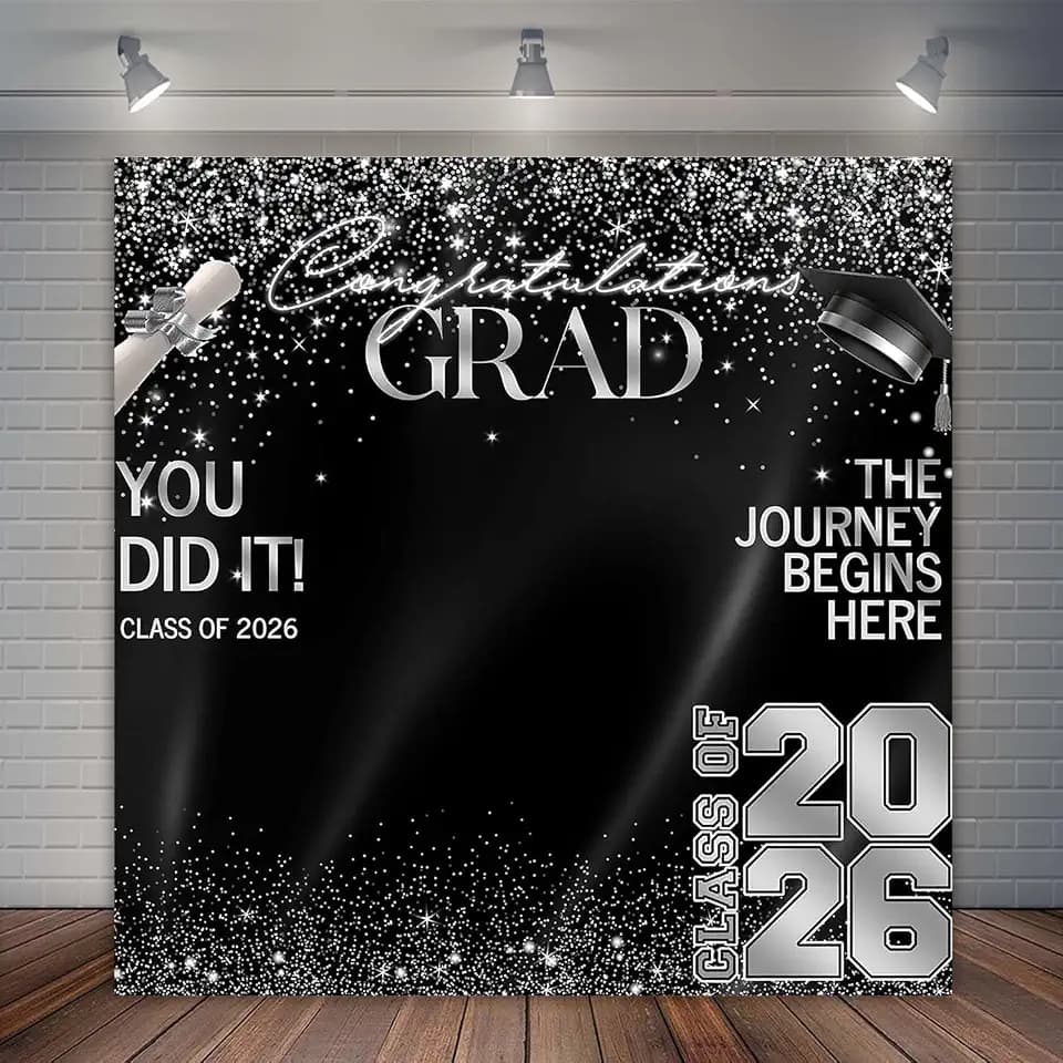 Class of 2026 Graduation Backdrop Black and Silver Congrats Grad Party Decorations Congratulations Graduates Photography Background Cake Table Banner (6x6ft)