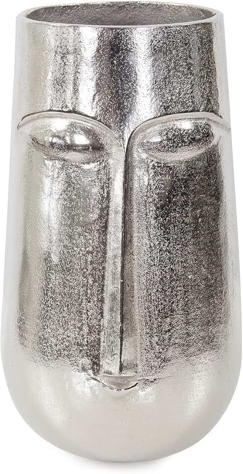 Howard Elliott Collection Bright Silver Bayani Decorative Vase, Small Aluminum Accent with Stone Heads Design for Table Centerpiece, Bookshelf and Living Room Decor, 11 x 7 x 7.5 Inch