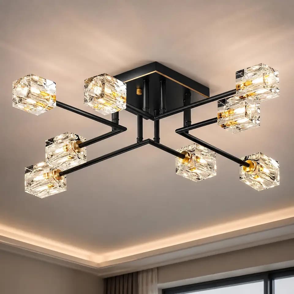 8-Light Crystal Semi Flush Mount Ceiling Light,Black Gold Sputnik Fixture
