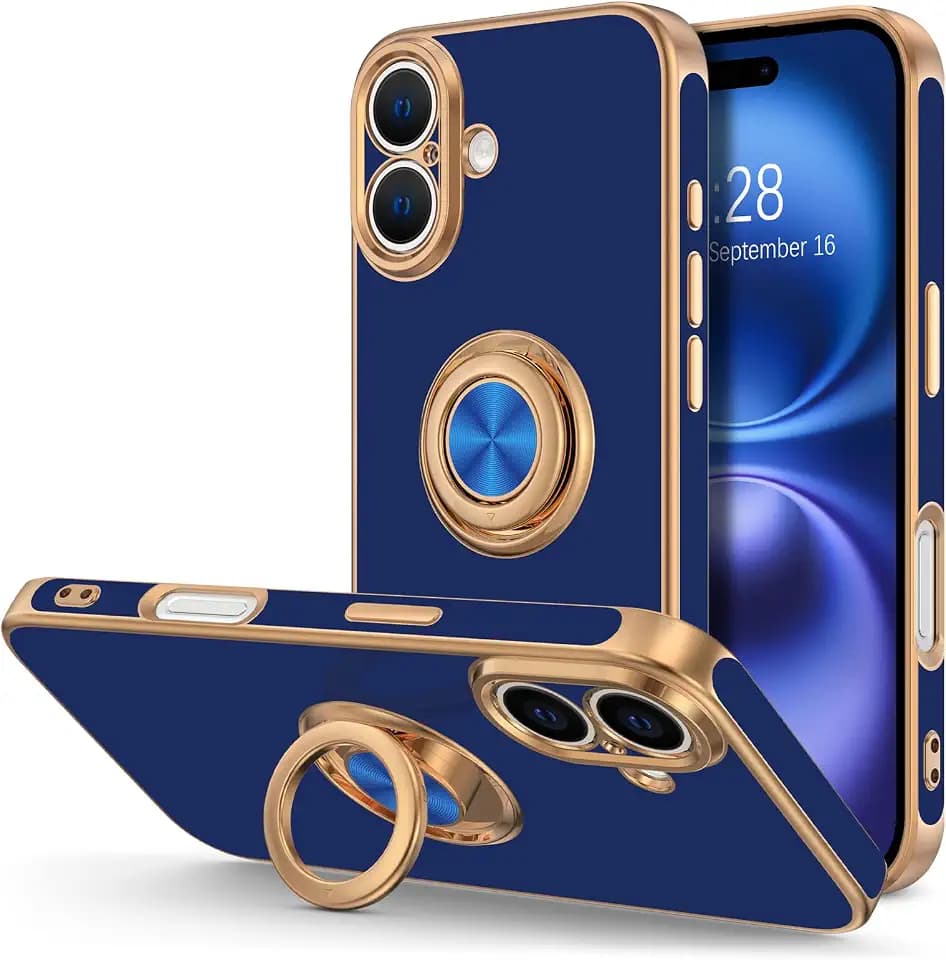 Hython for iPhone 16 Case with Ring Stand, 360° Rotatable Ring Holder Magnetic Kickstand, Plating Rose Gold Edge Soft Cover Protective Phone Case for iPhone 16 6.1", Blue
