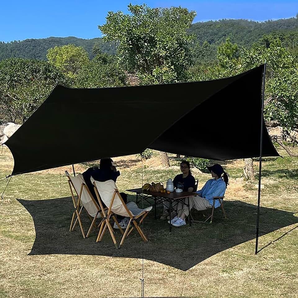 16x16 ft Large Camping Tarp with Poles Waterproof Hammock Rain Fly Camping Awning Sun Shelter (Black, with Poles)