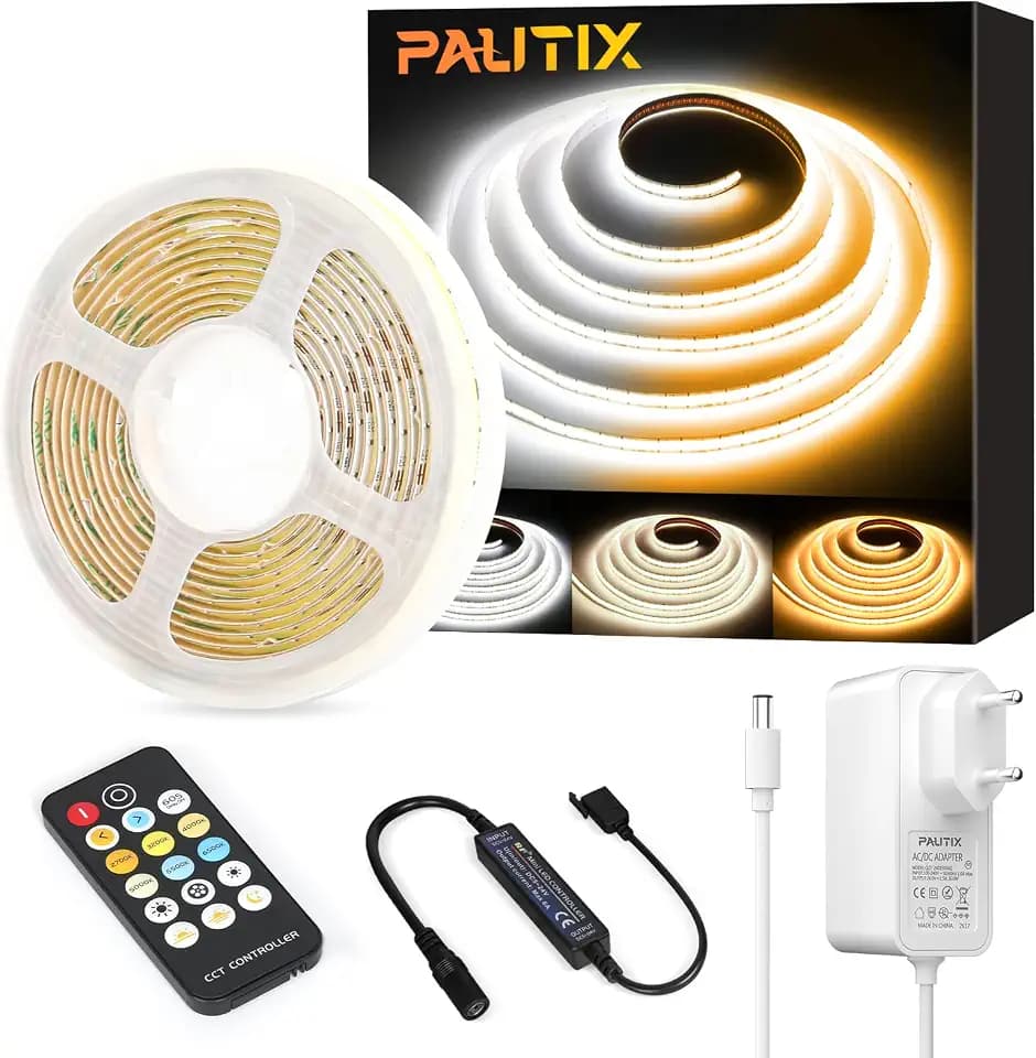 PAUTIX COB LED Streifen CCT 5M Kit 24V Tunable White 2700K–6500K LED Strip 640LEDs/m Dimmbar Warmweiß/Kaltweiß LED Band mit Netzteil und RF Fernbedienung für Wohnzimmer,Küche und Andere Wohnräume