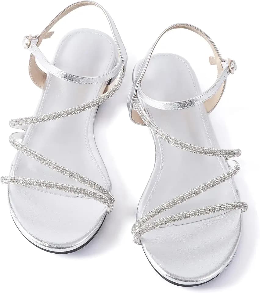 Women Rhinestone Sandals Dressy Ankle Strap Open Toe Gladiator Bling Flat Sandals Adjustable Buckle Wedding Party Evening Summer Sandals