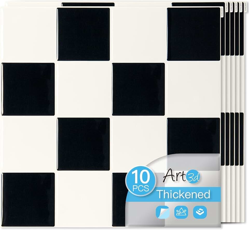 Art3d Grid Peel and Stick Backsplash, 10-Pack, 12 x 12 in, Black & White