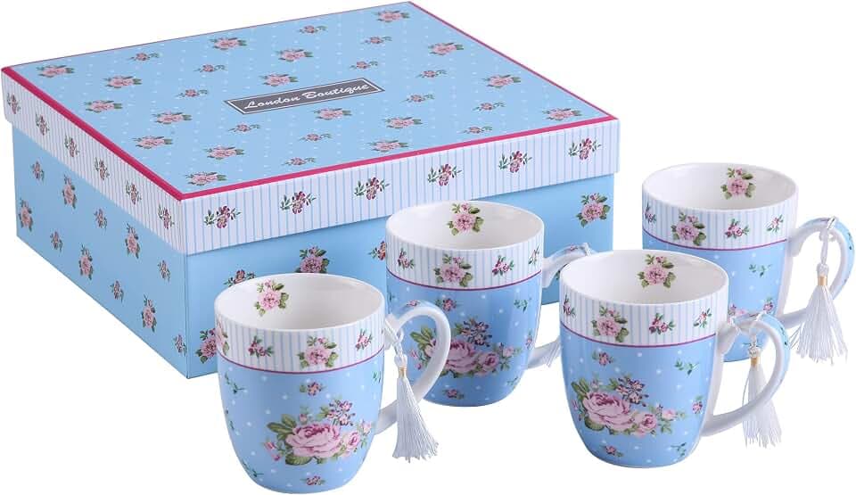 London Boutique Tassen-Set aus feinem Porzellan, Shabby-Chic-Stil, Vintage-Retro-Design, in Geschenkbox, 330 ml, Rosenblau, 4 Stück