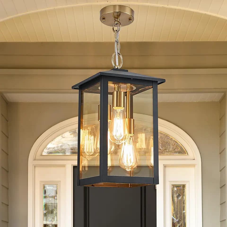 Tarentlight 3-Light Large Outdoor Hanging Lantern, 17.1 Inch Exterior Pendant Light with Clear Glass, Textured Black & Gold Cast Aluminum, Damp Rated Farmhouse Porch Light for Patio, Yard, Garden