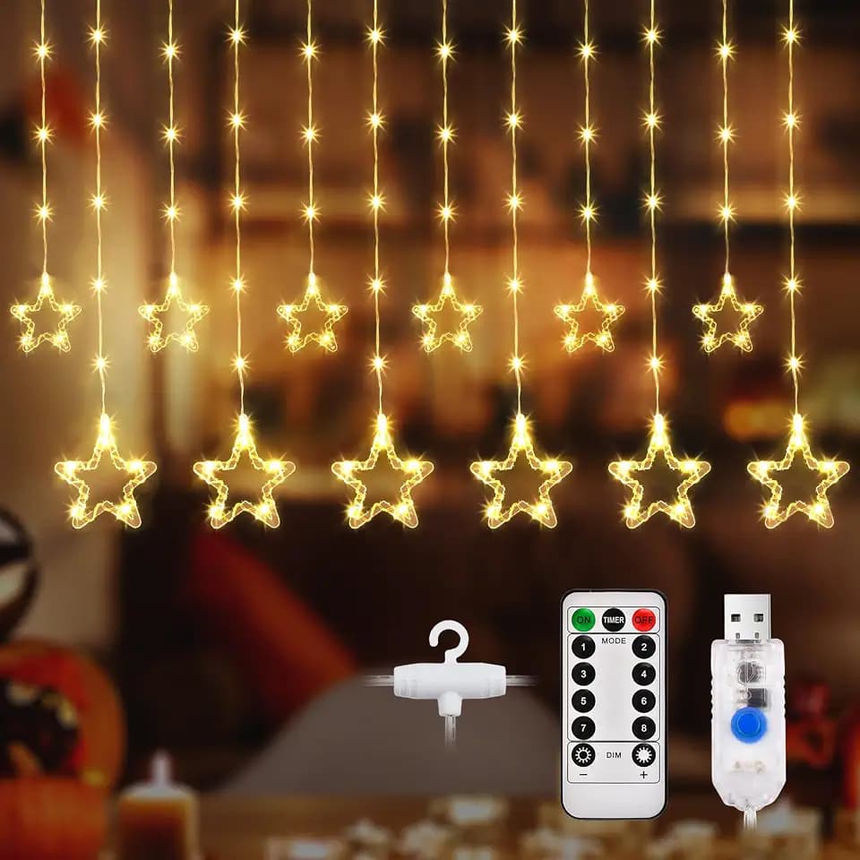 DazSpirit LED Lichterkette mit Sternenvorhang, 12 Sterne, 8Modi, USB, Timer