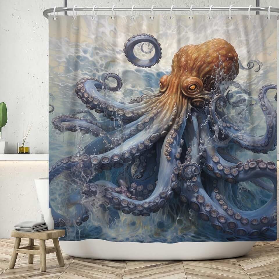Duschvorhang 180x200 cm, Handgemalt Benthische Organismen Oktopus Waschbar Bad Duschvorhänge Polyester Textil Wasserdicht Duschvorhang für Badewanne mit 12 Haken