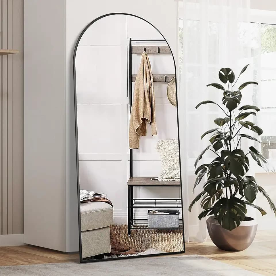 Gewölbter Bodenspiegel, 165 x 60 cm Bogen Volle Länge Spiegel mit Ständer, Großer Wandspiegel, Schwarz Ganzkörperspiegel, Stehend zum Aufhängen oder Anlehnen an die Wand für Schlafzimmer