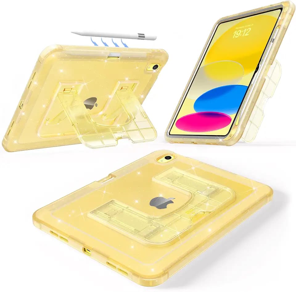 CCMAO Case for iPad (A16) 11th 11" 2025, iPad 10th 2022 with Pencil Holder & Kickstand, Shockproof Protective Slim Thin iPad Case with Glitter Transparent Back Cover for iPad 11/10, Yellow Glitter