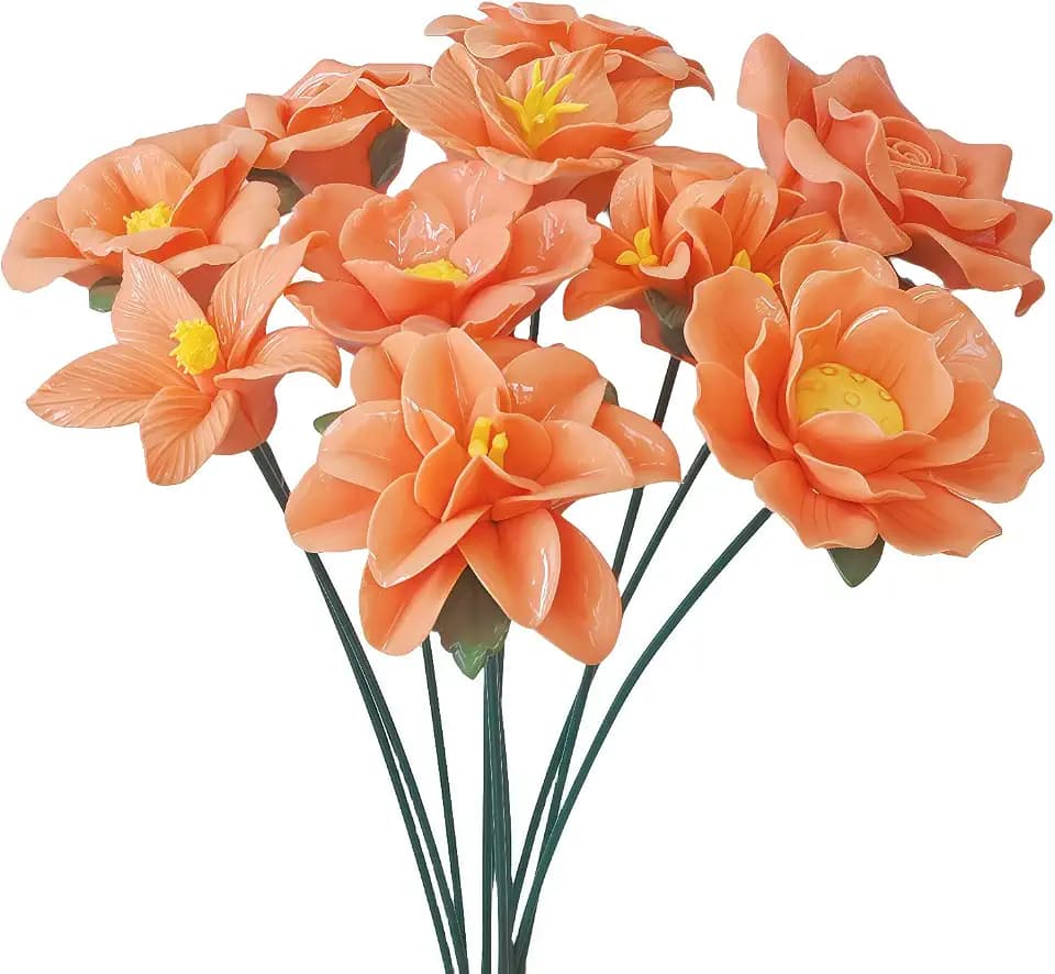 Handmade Porcelain 3D Ceramic Flower Combination, Eternal Flower Decoration for Home Office Decor, Porcelain Decorations, Exquisite, Ceramic Floral Decorations,Set of 10 (Orange)