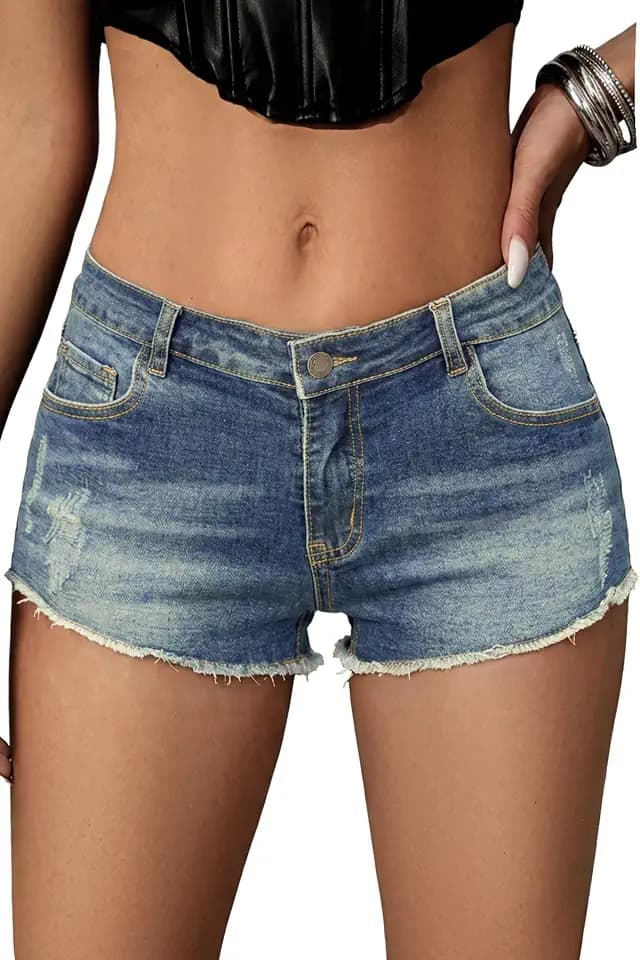 ELLEVEN Low Rise Raw Hem Mini Jean Shorts for Women, High Stretch Y2K Summer Micro Denim Shorts with Pockets