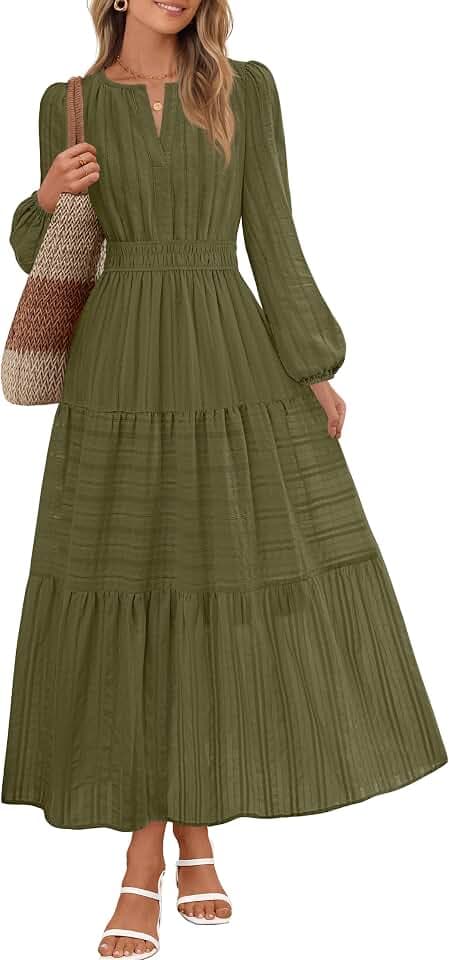 MEROKEETY Womens Fall Puff Long Sleeve Casual V Neck Modest Midi Maxi Dress