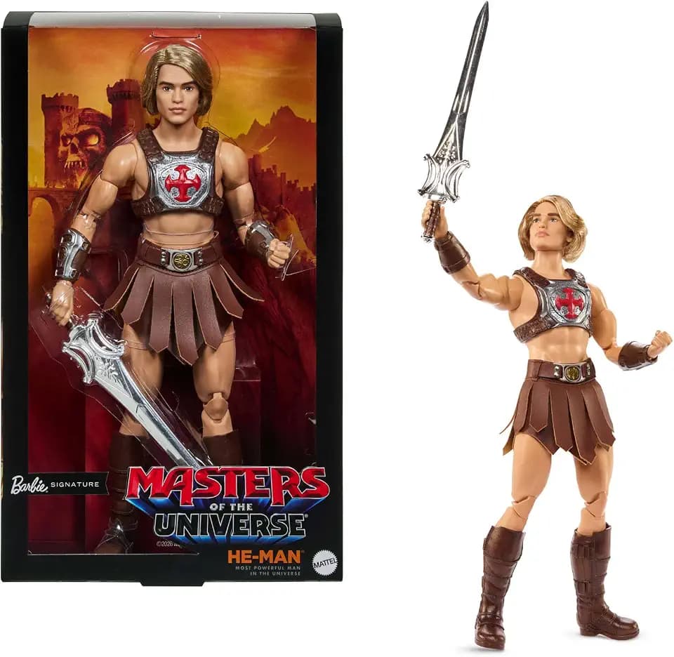 Barbie Signature He-Man Ken Puppe und Zubehör, Motu Film | Modepuppe mit Puppenständer und Ausstellungsverpackung, inklusive Kampfgurt, ab 6 Jahren, JJY03