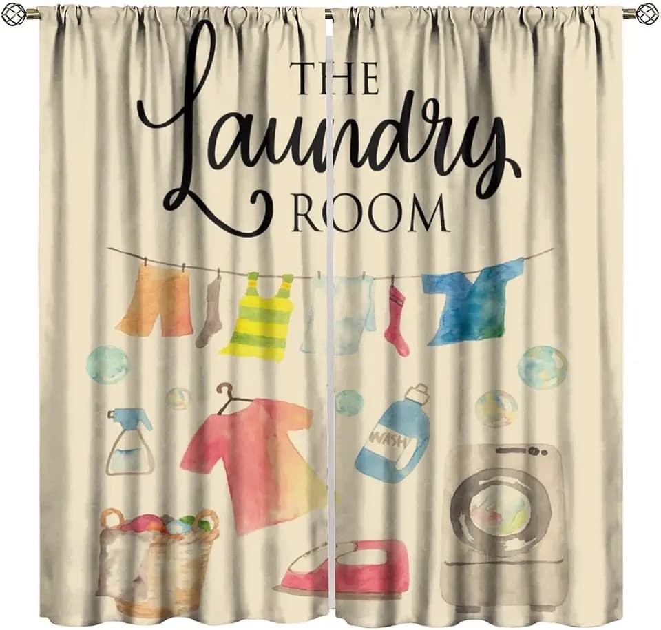 Laundry Room Curtain Watercolor Wash Dry Fold Repeat Pattern Blackout Print Rod Pocket Window Drapes for Laundry Kitchen Bedroom Living Room 42x45in
