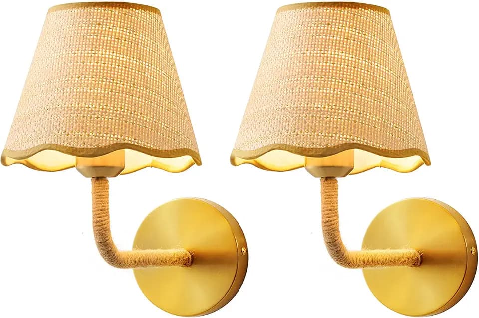 Uplantin 2 Pack Rattan Wall Sconces - Boho Wall Lamps for Living Room Bedroom, Vintage Lampara de Pared, Hand-Woven Rattan Wall Fixtures for Home Decor（Bulb Not Included）