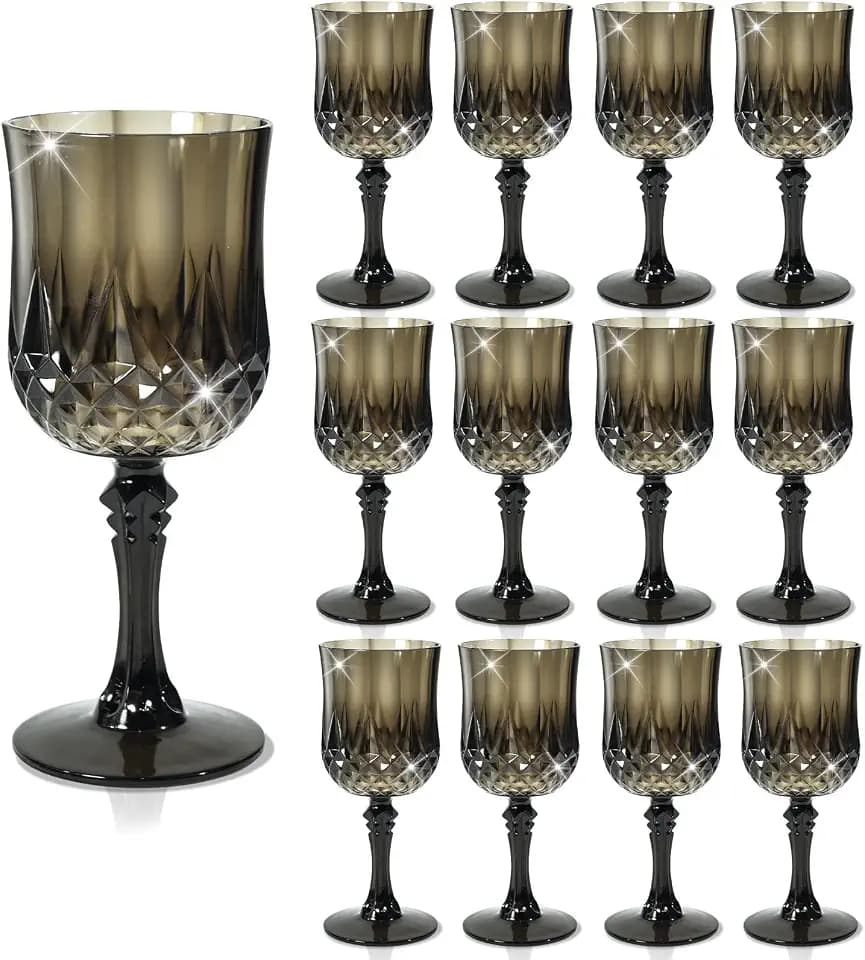 CHLJAR 7oz Plastic Vintage Drinking Glasses Wine Glasses Vintage Champagne Flutes Unbreakable Wedding Glassware Crystal Water Goblets Reusable Drinkware (Black, 12 PCS)