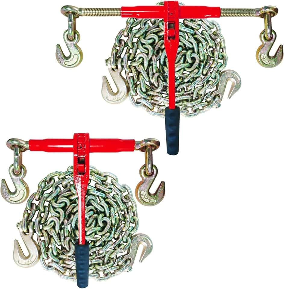 3/8"-1/2" Chain and Binder Kit with 2 Grab Hooks, 9200 lbs Working Load Binders with G80 Chains, Heavy Duty Ratchet Load Binders for Truck, Hauling and Towing