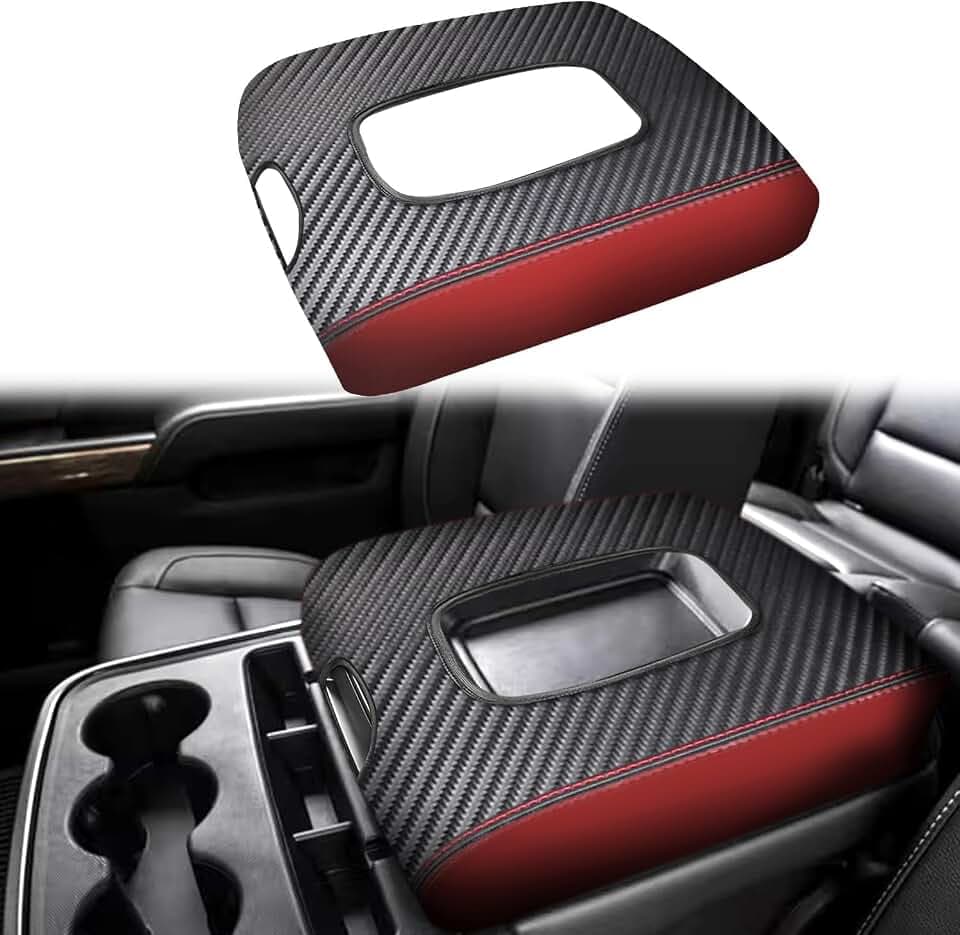 Center Console Armrest Cover for Chevy Silverado & GMC Sierra 2014 2015 2016 2017 2018 Leather Arm Rest Box Lid Protector Accessories(ONLY for Split Bench Jump Seat,Carbon Fibre+Red)
