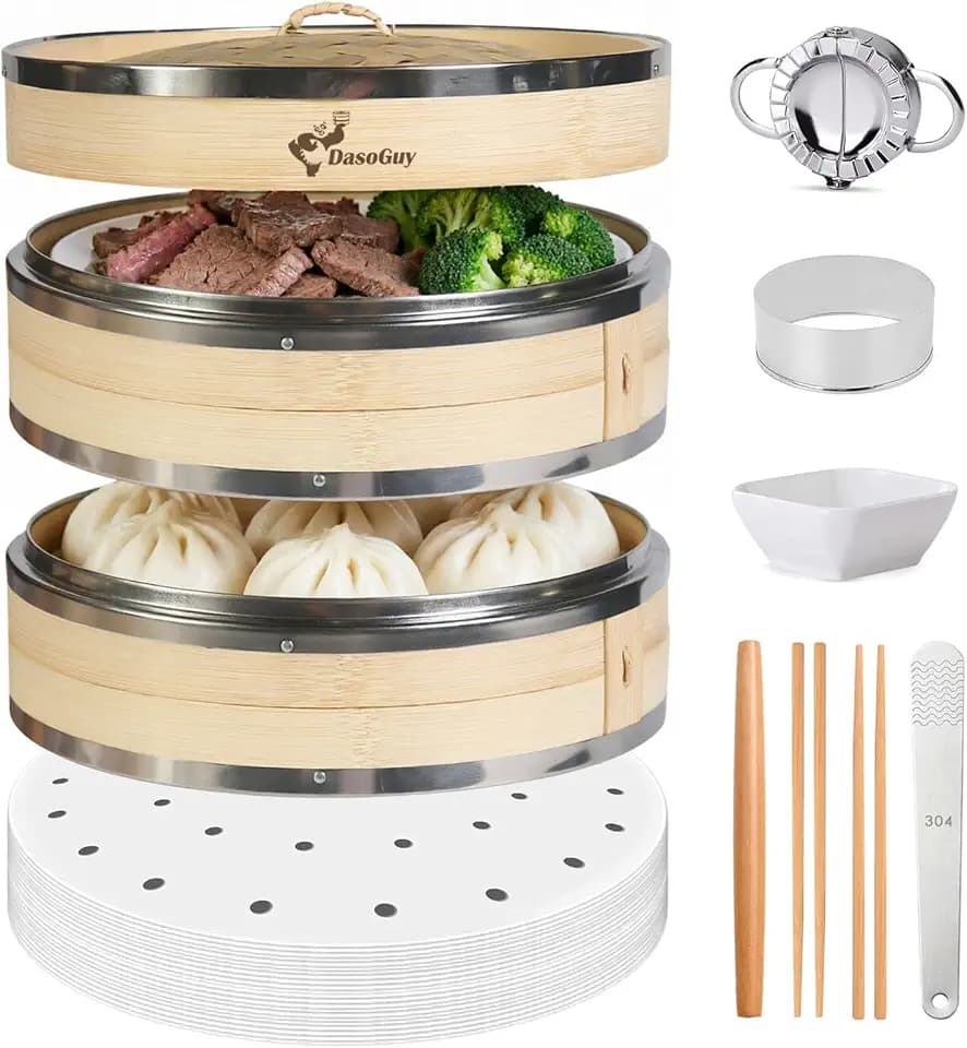 Bamboo Steamer Basket with Stainless Steel Rim 12 Inch Dumpling Steamer Kit