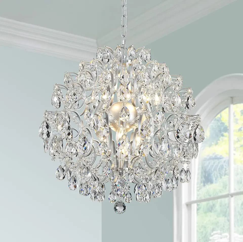 Bestier Silver Modern Pendant Chandelier Crystal Raindrop Lighting Ceiling Light Fixture Lamp for Dining Room Bathroom Bedroom Livingroom 6 E12 Bulbs Required D19 in x H21 in