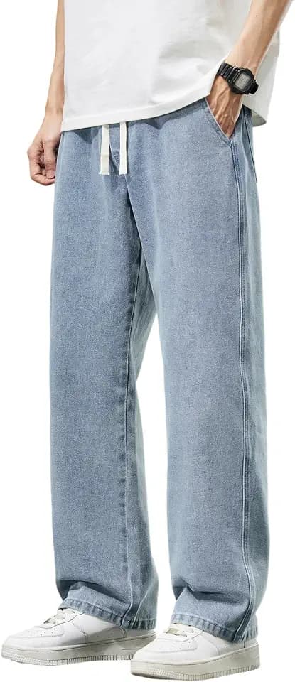 DFGIGT Men's Regular Fit Straight Leg Baggy Jeans Drawstring Elastic Waist Loose Fit Y2K Denim Pants with Pockets