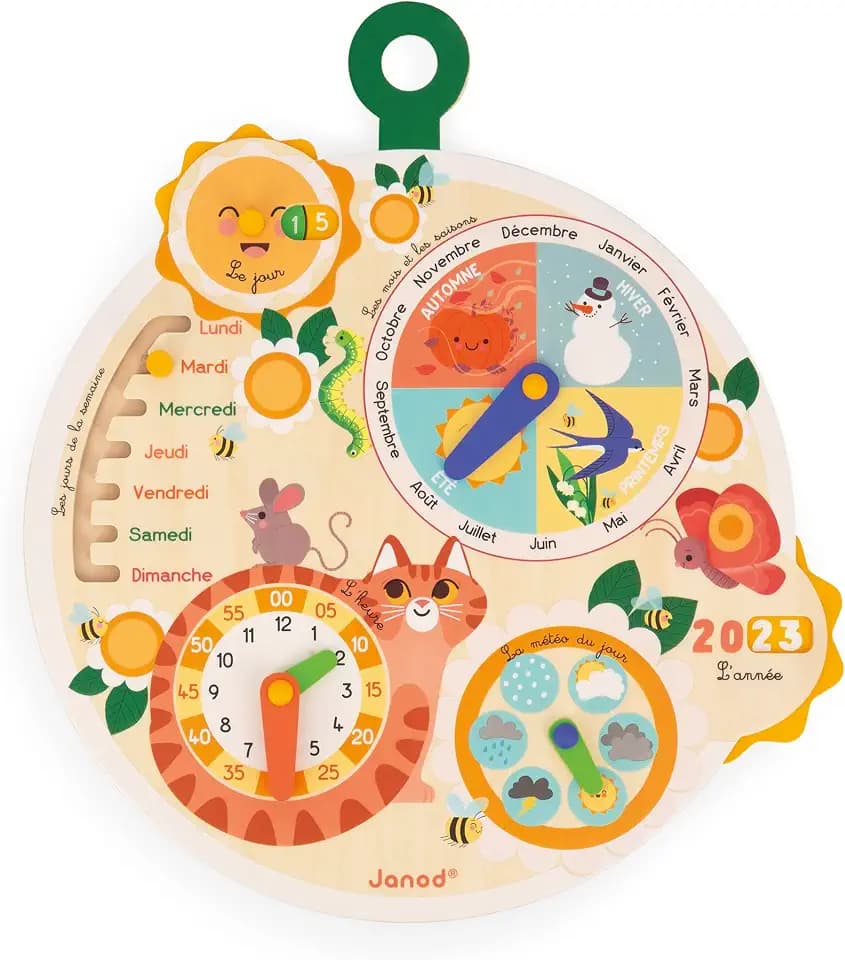 Janod - Rad der Zeit aus FSC-Holz - Lernkalender für Kinder - Lernspiel - Spielzeug aus FSC-Holz - Ab 3 Jahren, J09623